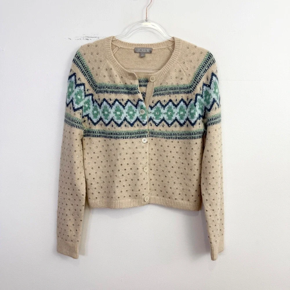 J.Crew Crystal Embellished Fair Isle Merino Wool‎ Alpaca Cardigan Sweater Small